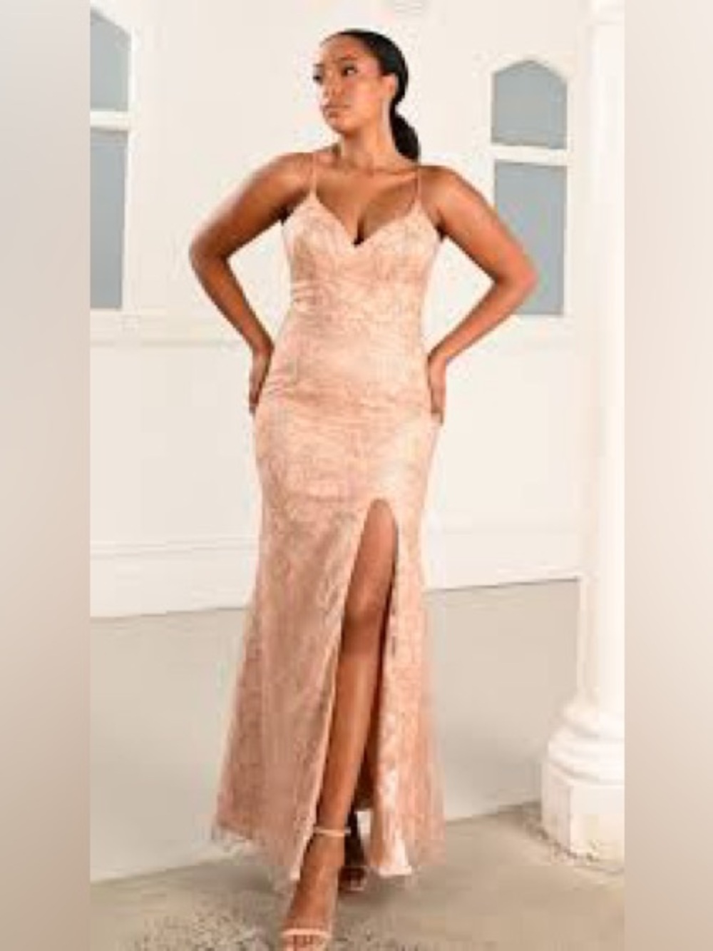 Bariano Australia Blush Pink Geometric Crochet Lace Overlay Maxi Gown - Size L